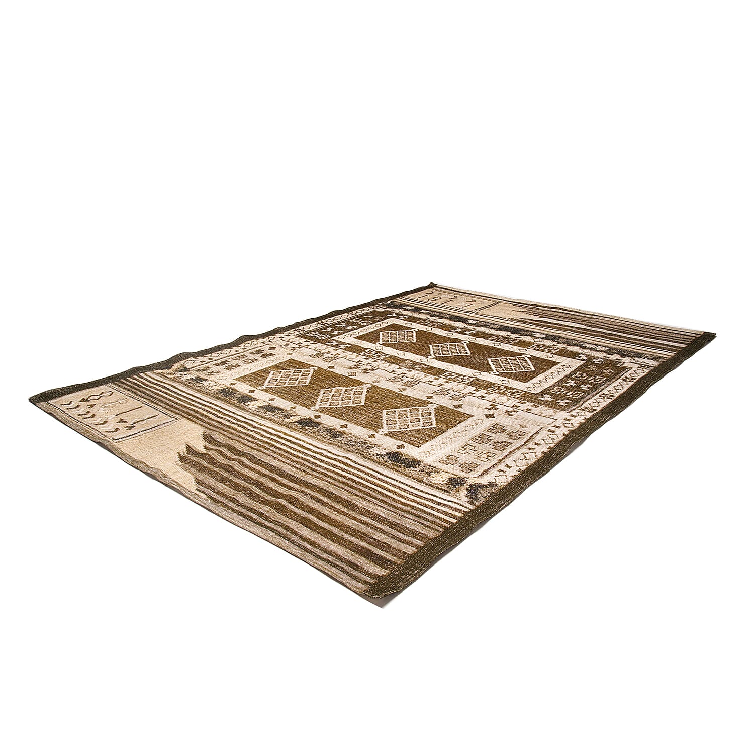 Hand Made 100% Cotton Printed Rug (Size 180x120 cm) - Beige - Green