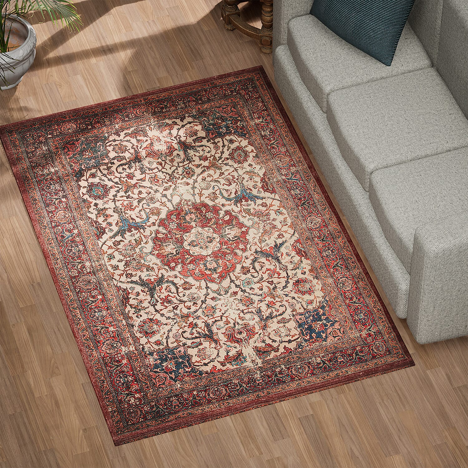 Handmade 100% Cotton Digital Printed Rug with Fringes (Size 180x120 cm) - Red & Multi