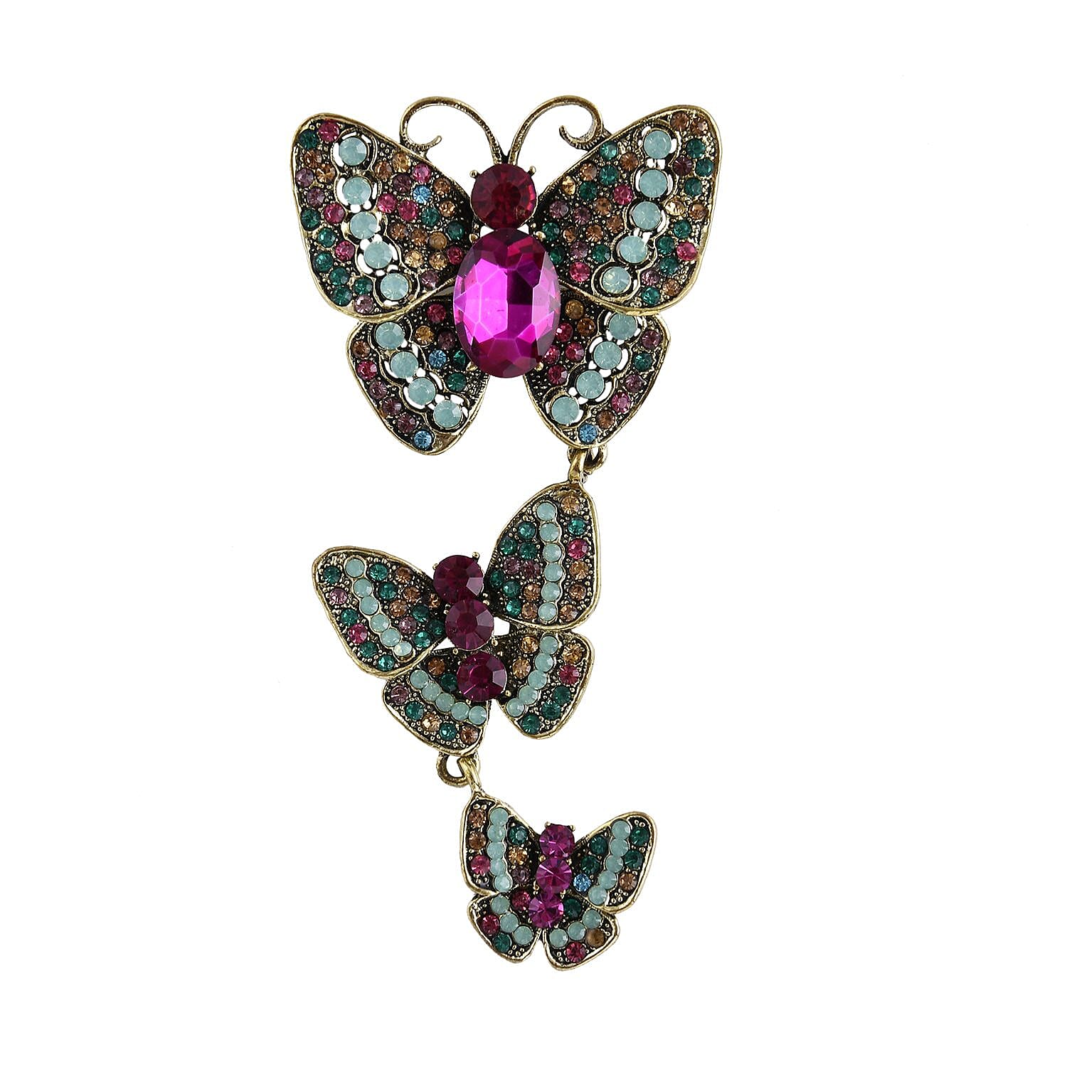 Fuchsia Glass and Multi Colour Austrian Crystal Butterfly Brooch in Antique Gold Tone