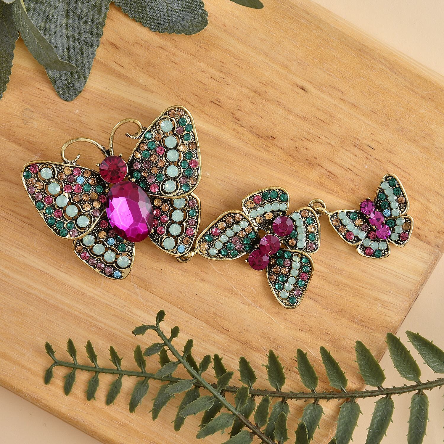 Fuchsia Glass and Multi Colour Austrian Crystal Butterfly Brooch in Antique Gold Tone