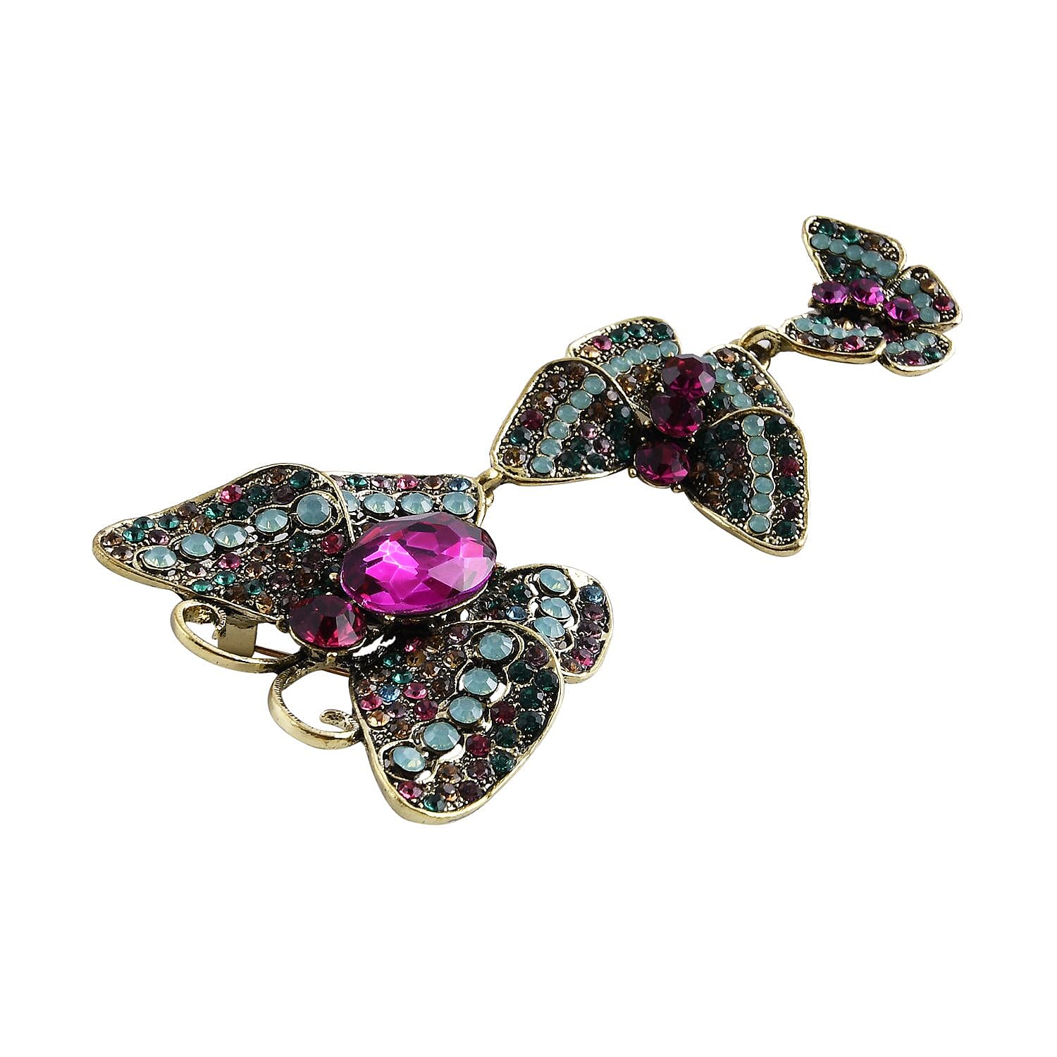 Fuchsia Glass and Multi Colour Austrian Crystal Butterfly Brooch in Antique Gold Tone