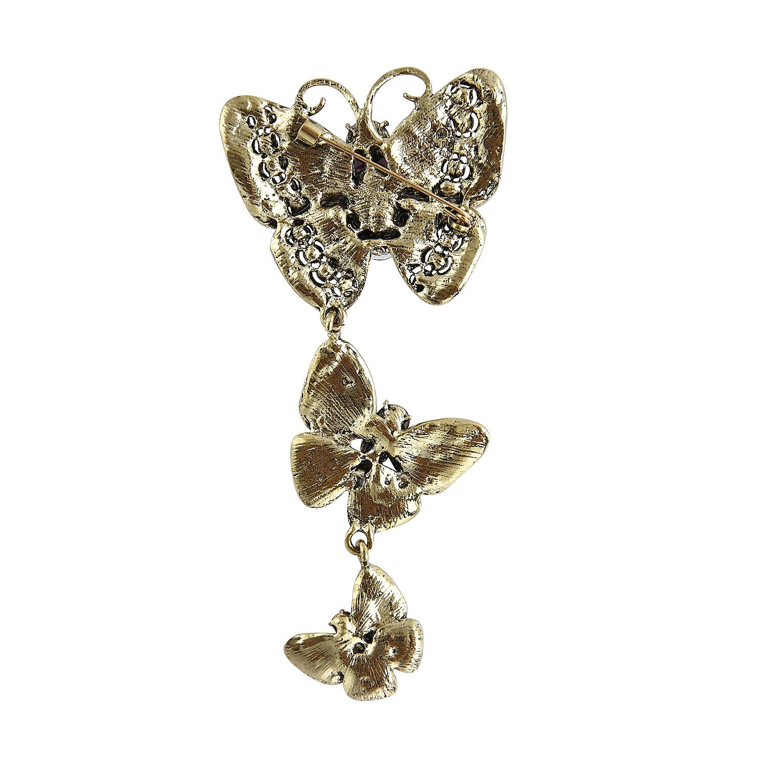 Fuchsia Glass and Multi Colour Austrian Crystal Butterfly Brooch in Antique Gold Tone