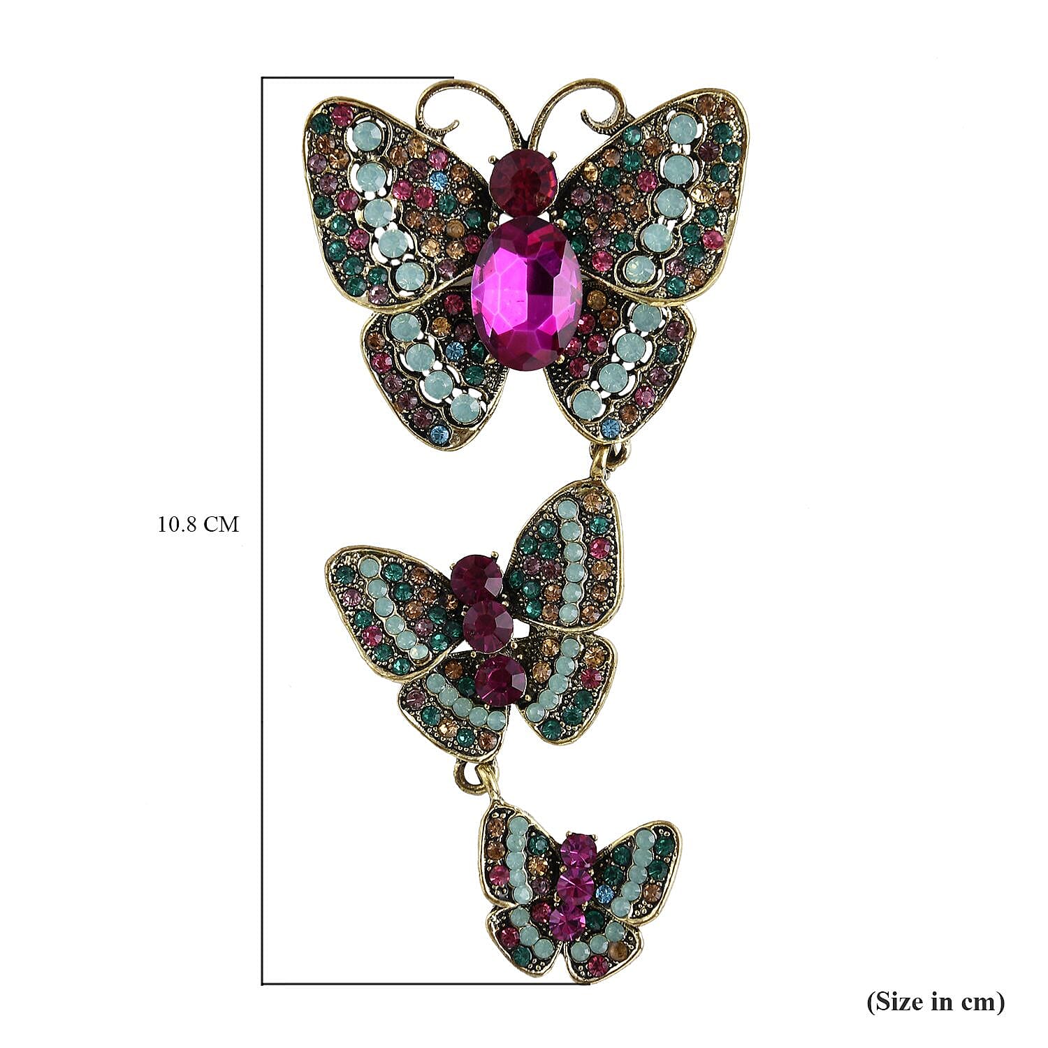 Fuchsia Glass and Multi Colour Austrian Crystal Butterfly Brooch in Antique Gold Tone