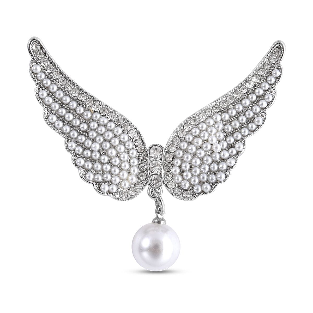 White Austrian Crystal and Simulated Pearl Angel Wings Brooch in Silver Tone