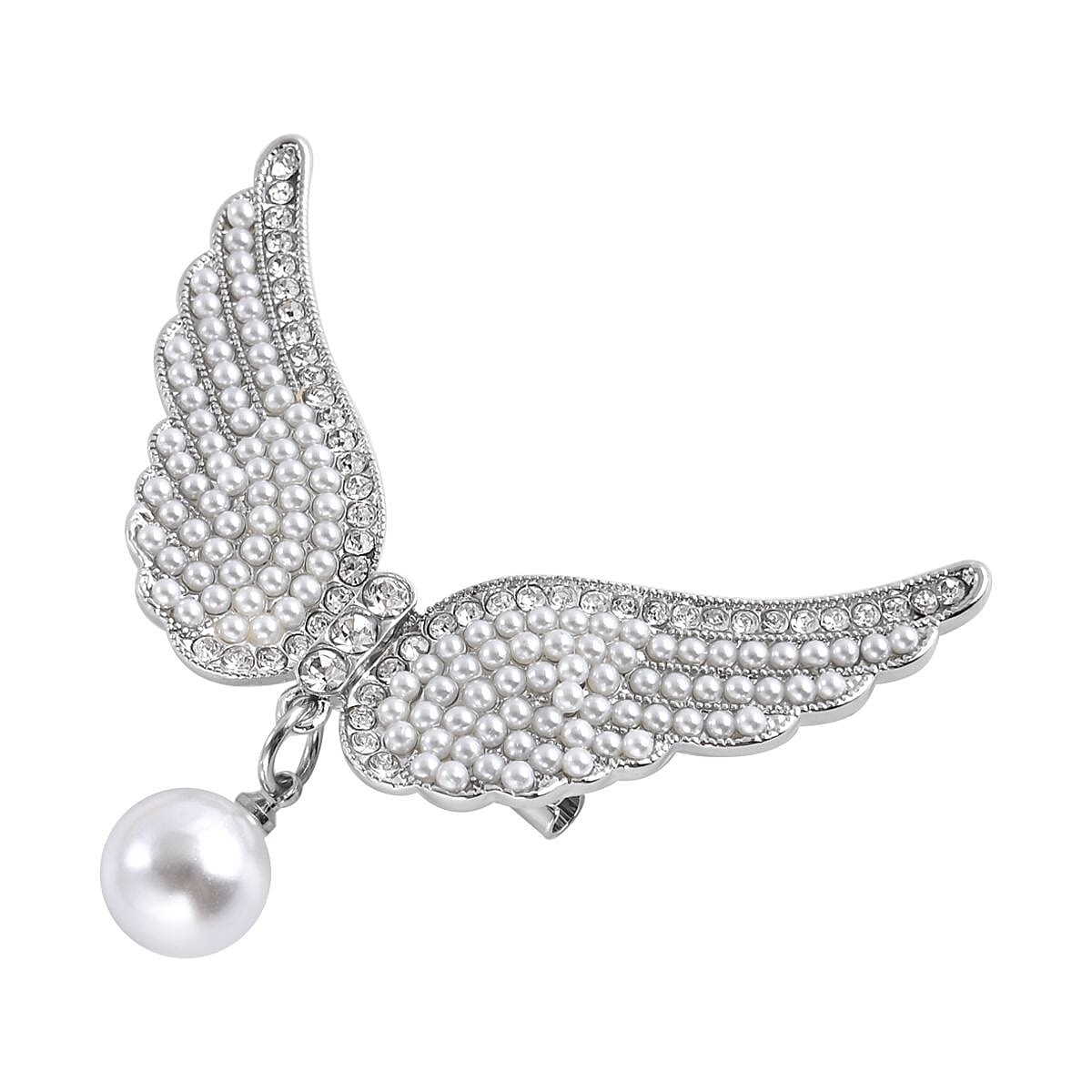 White Austrian Crystal and Simulated Pearl Angel Wings Brooch in Silver Tone