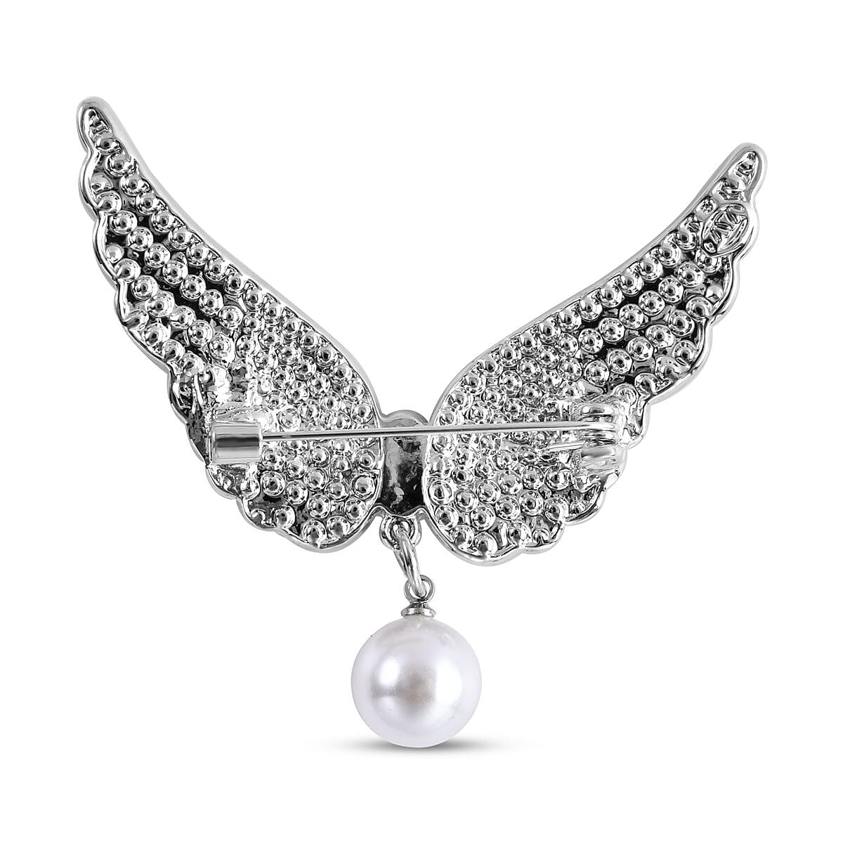 White Austrian Crystal and Simulated Pearl Angel Wings Brooch in Silver Tone