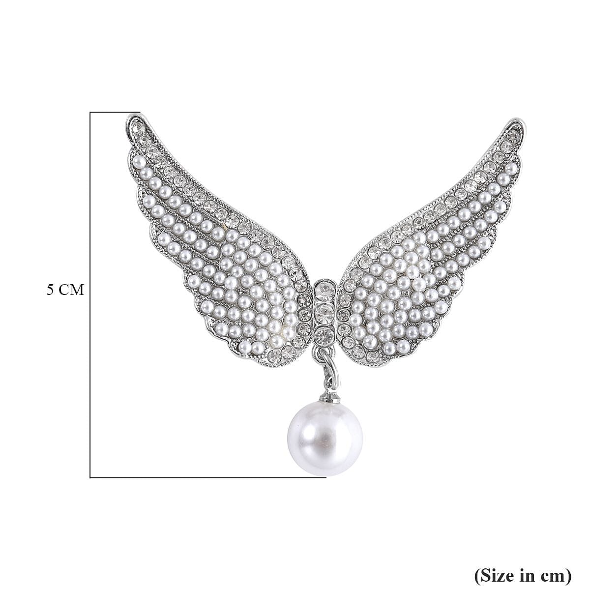 White Austrian Crystal and Simulated Pearl Angel Wings Brooch in Silver Tone