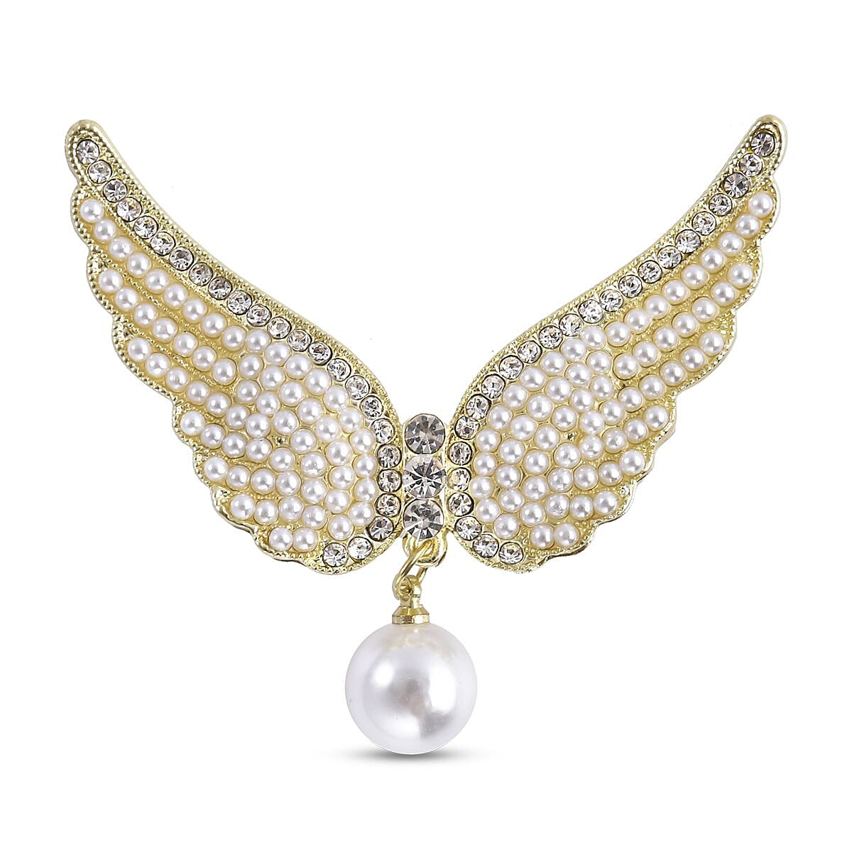 White Austrian Crystal and Simulated Pearl Angel Wings Brooch in Yellow Gold Tone