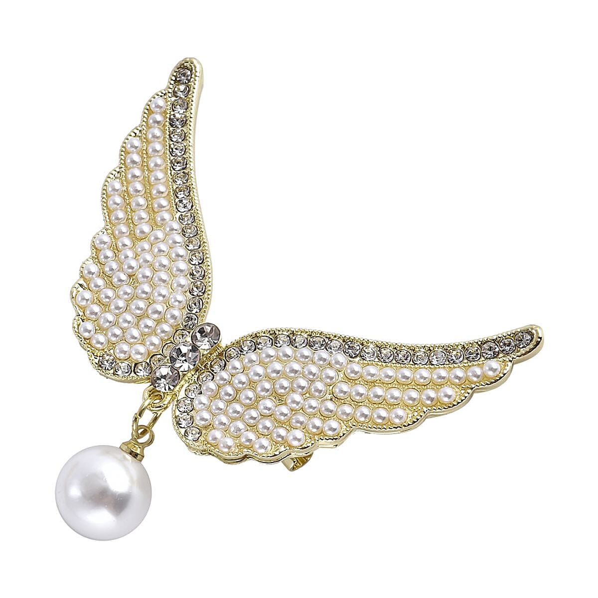 White Austrian Crystal and Simulated Pearl Angel Wings Brooch in Yellow Gold Tone