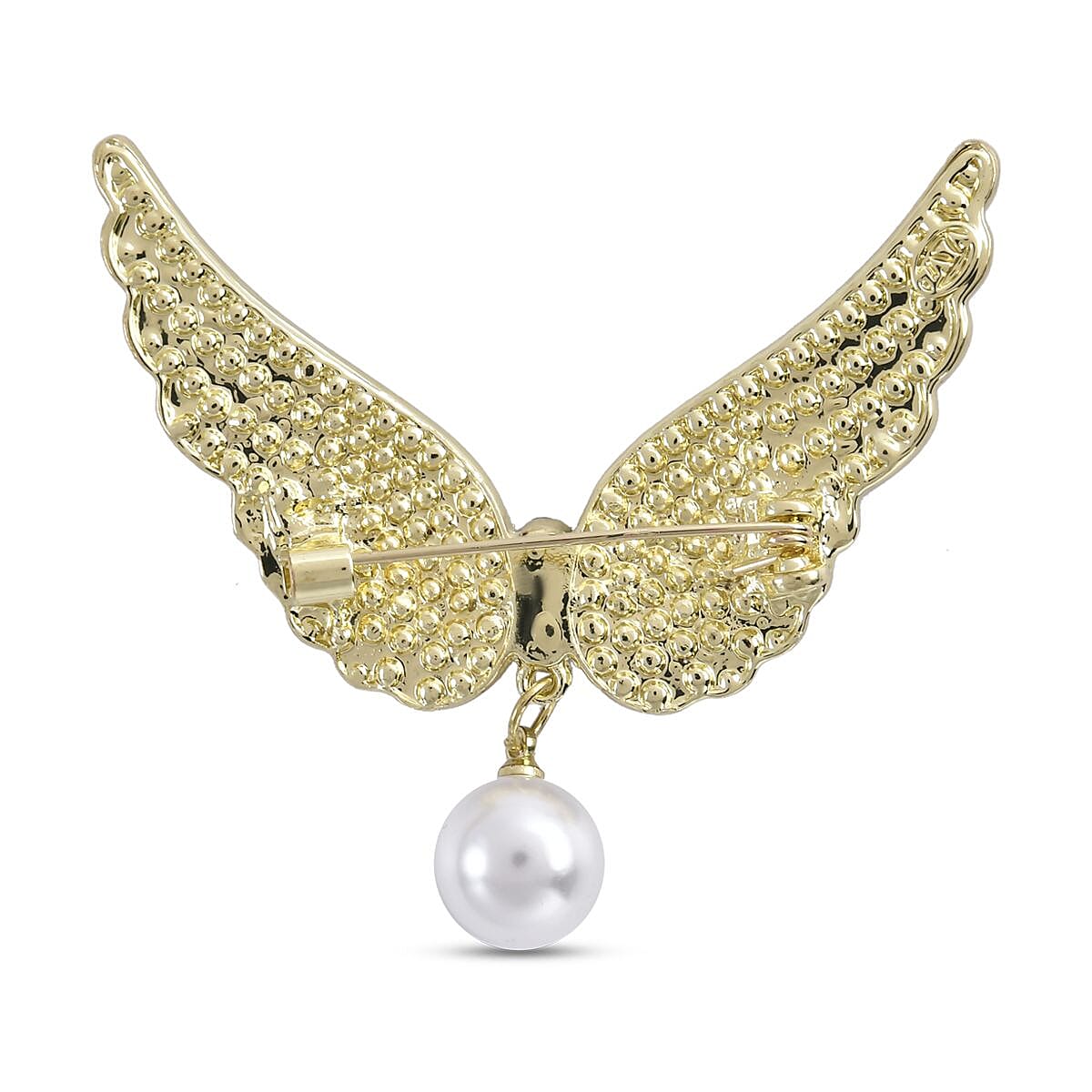 White Austrian Crystal and Simulated Pearl Angel Wings Brooch in Yellow Gold Tone