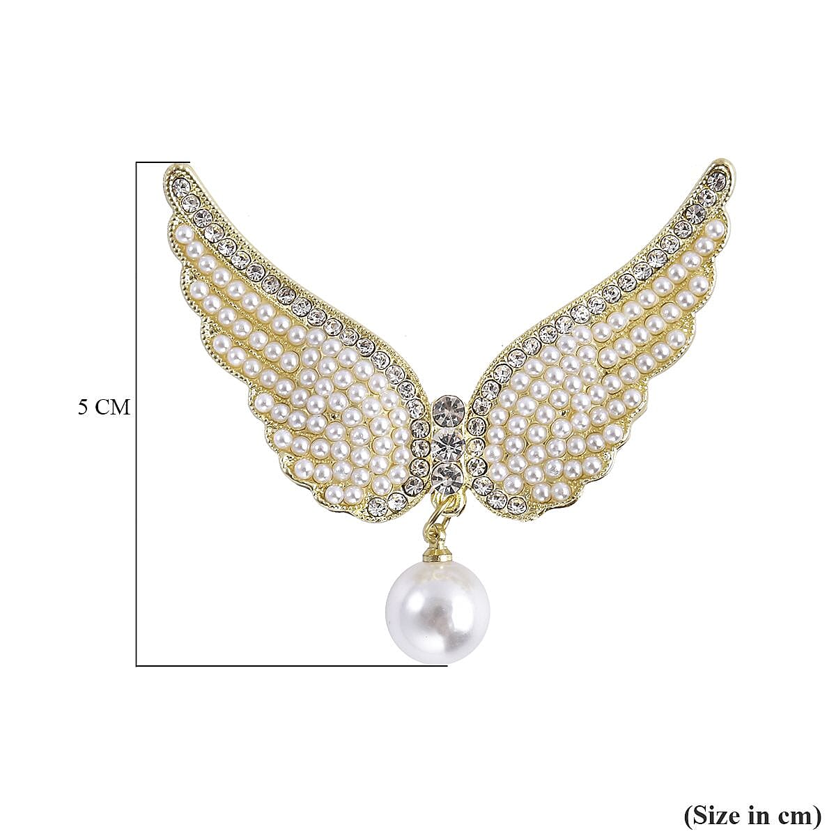 White Austrian Crystal and Simulated Pearl Angel Wings Brooch in Yellow Gold Tone