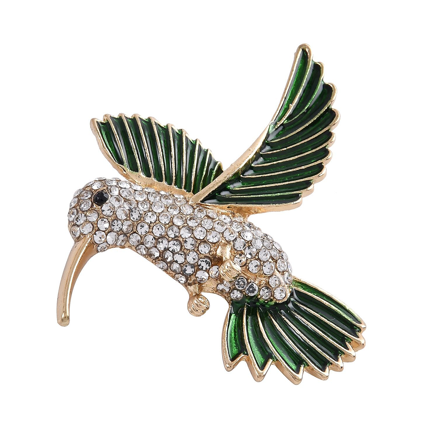Black Austrian Crystal and White Austrian Crystal Kingfisher Bird Enamelled Brooch in Gold Tone