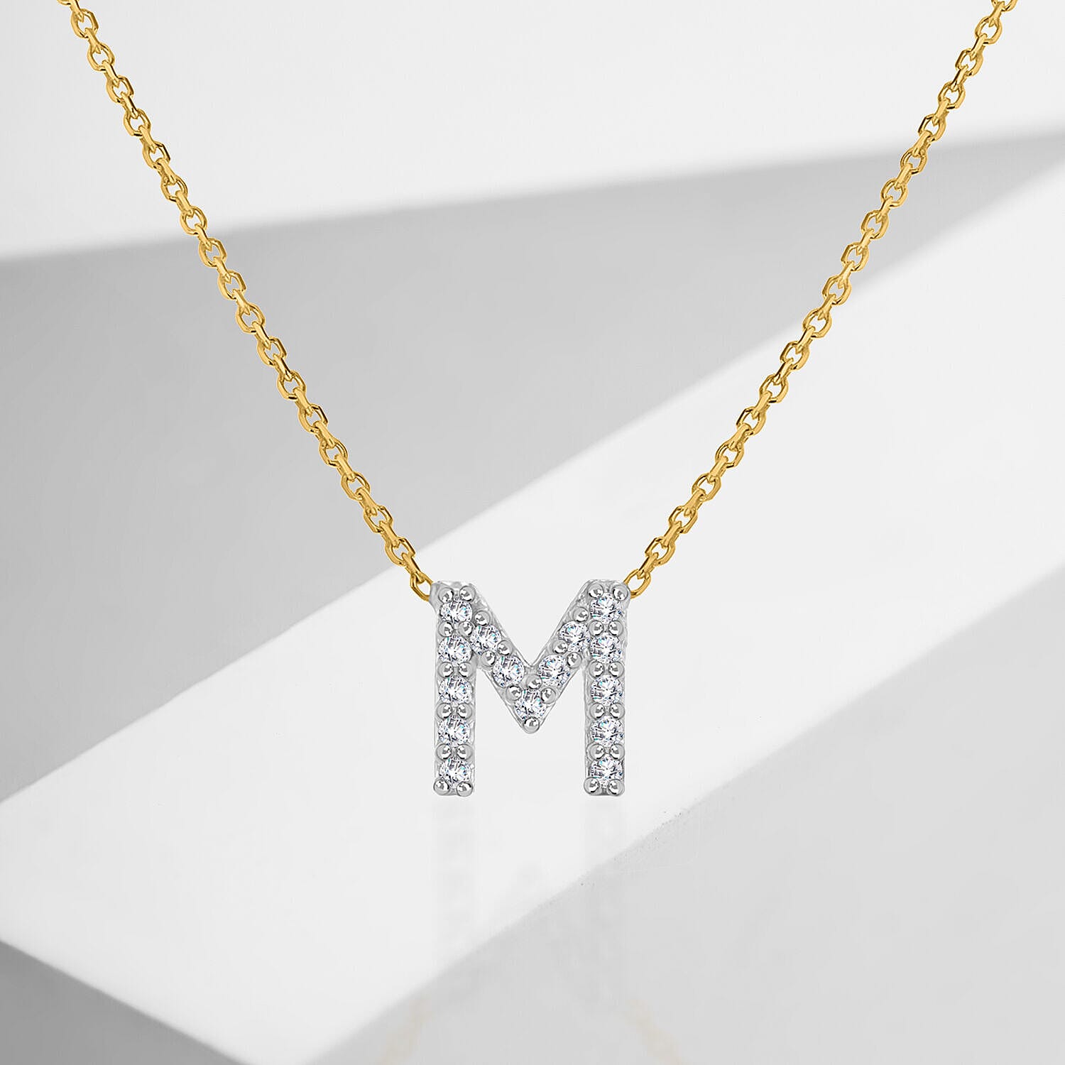 9K Yellow and White Gold With VS SI Diamond Mini Initial M Necklace 17 Inch