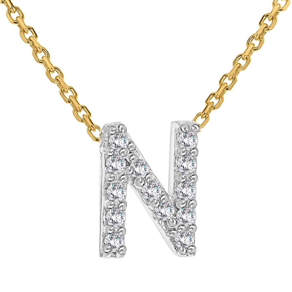 9K Yellow and White Gold With VS SI Diamond Mini Initial N Necklace 17 Inch