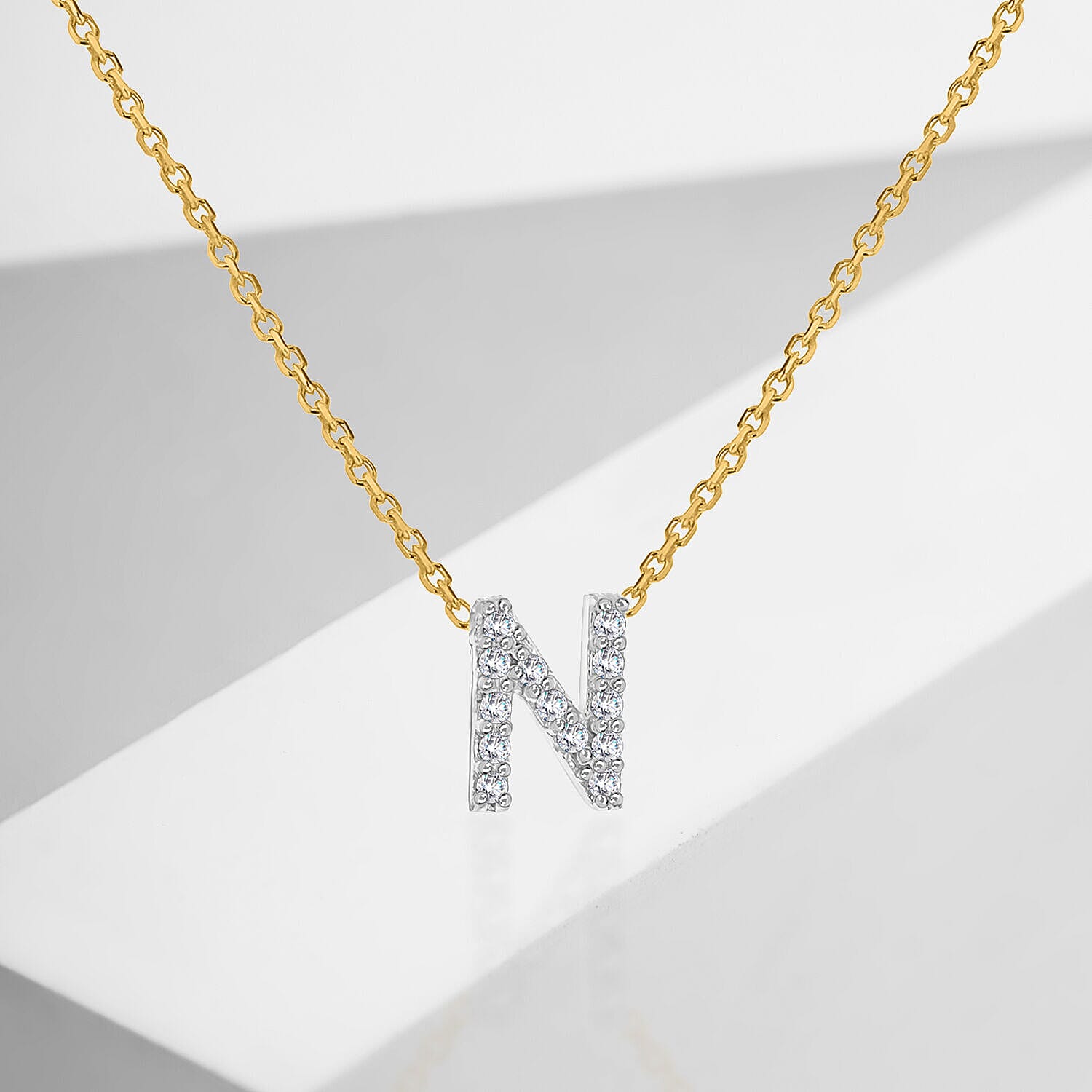 9K Yellow and White Gold With VS SI Diamond Mini Initial N Necklace 17 Inch