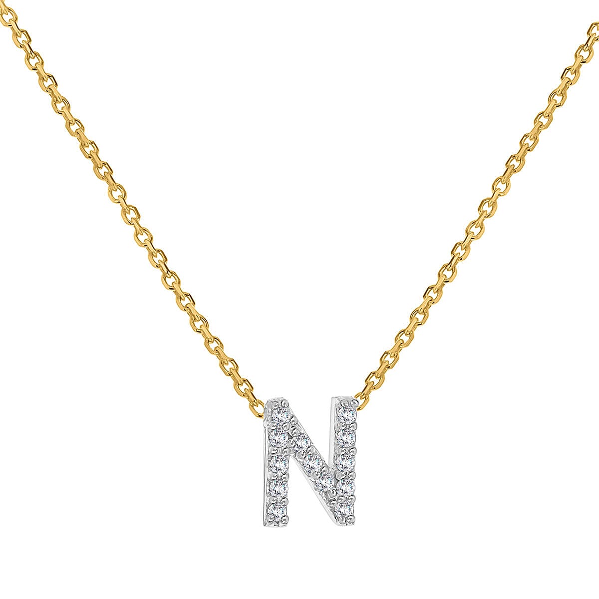 9K Yellow and White Gold With VS SI Diamond Mini Initial N Necklace 17 Inch