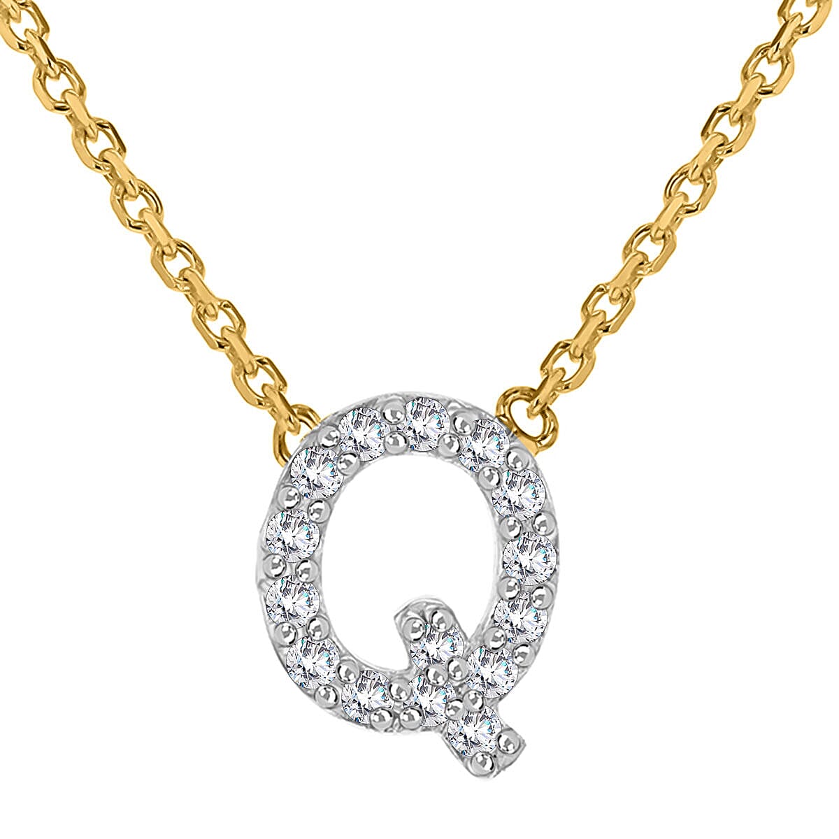 9K Yellow and White Gold With VS SI Diamond Mini Initial Q Necklace 17 Inch