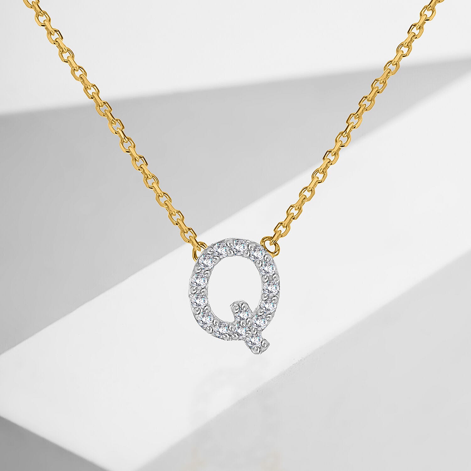 9K Yellow and White Gold With VS SI Diamond Mini Initial Q Necklace 17 Inch