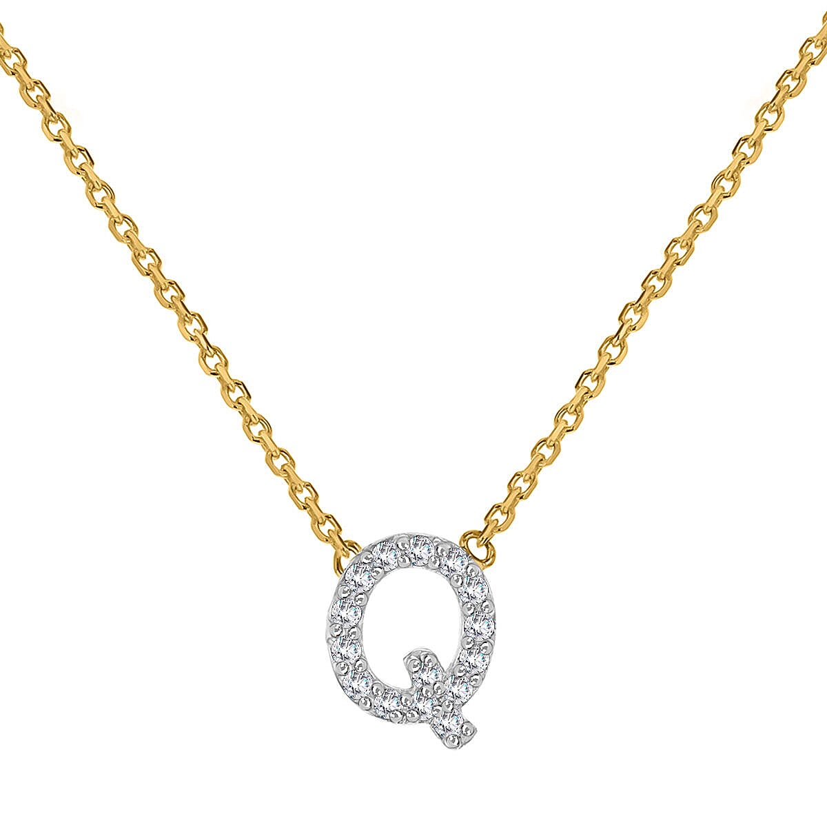 9K Yellow and White Gold With VS SI Diamond Mini Initial Q Necklace 17 Inch