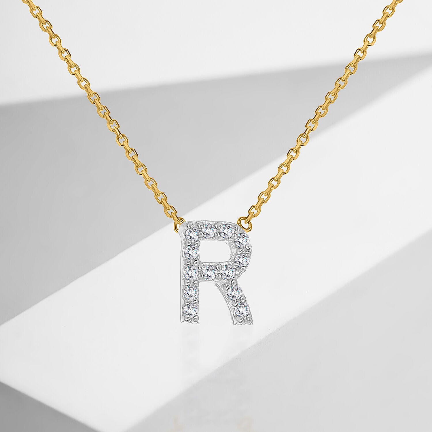 9K Yellow and White Gold With VS SI Diamond Mini Initial R Necklace 17 Inch
