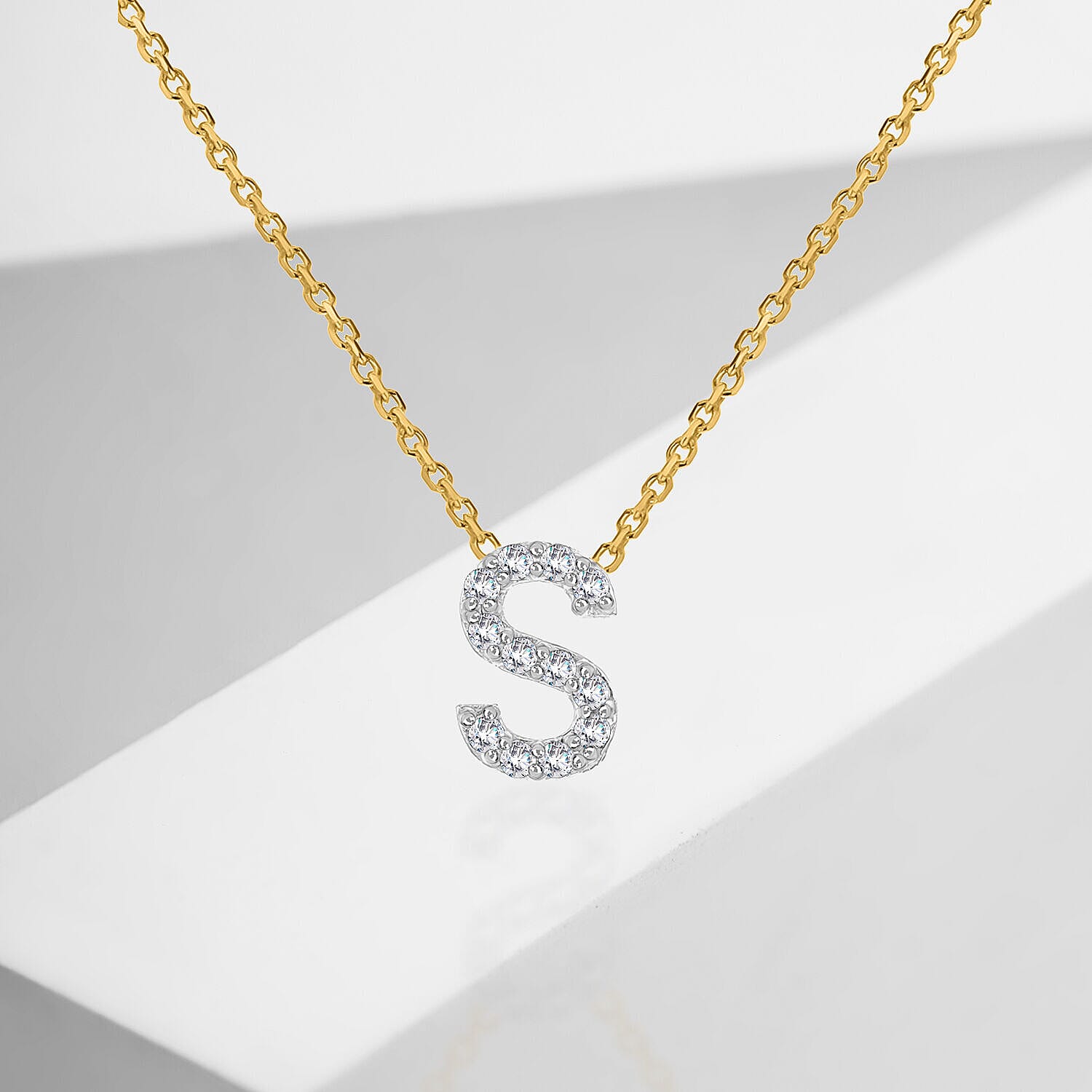 9K Yellow and White Gold With VS SI Diamond Mini Initial S Necklace 17 Inch