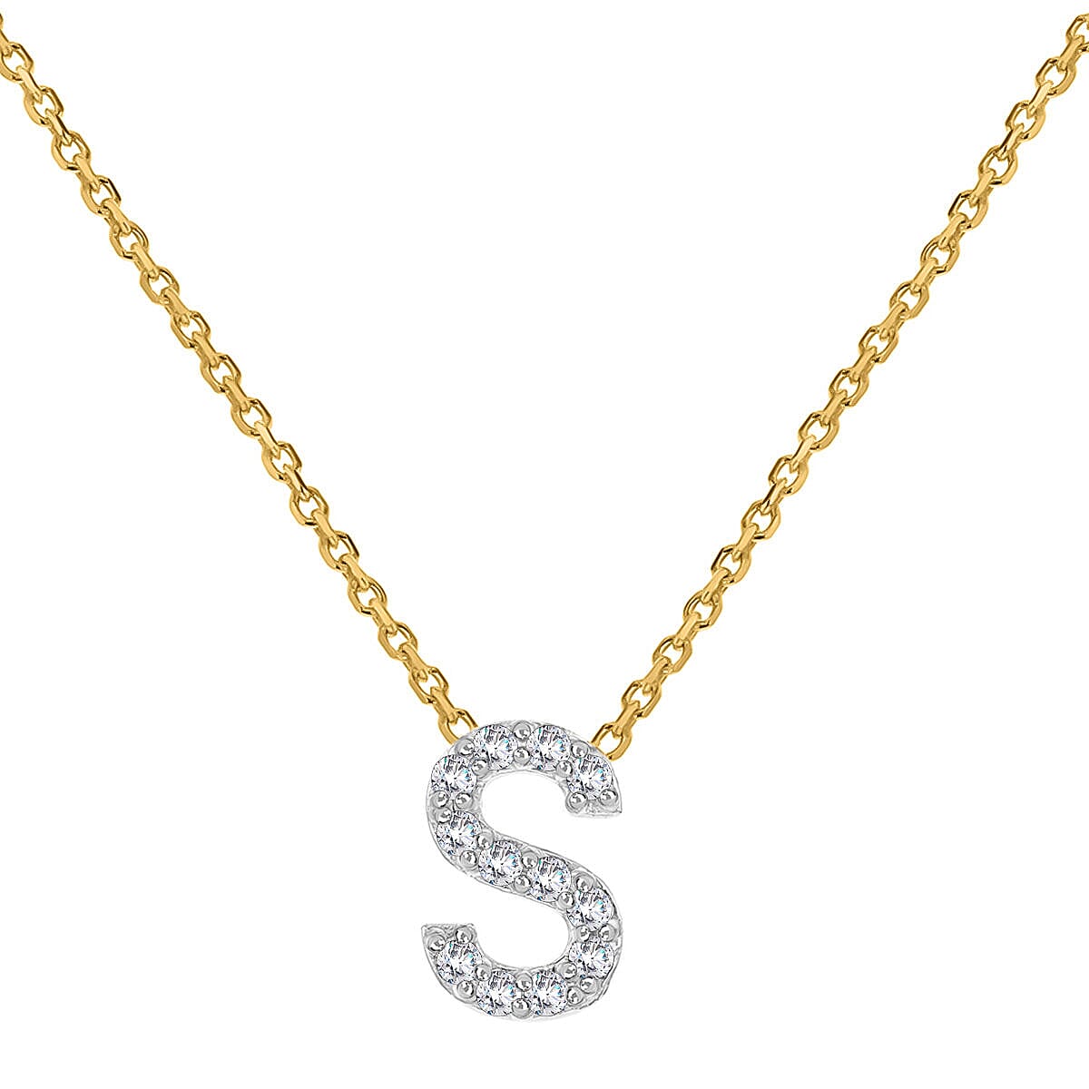 9K Yellow and White Gold With VS SI Diamond Mini Initial S Necklace 17 Inch