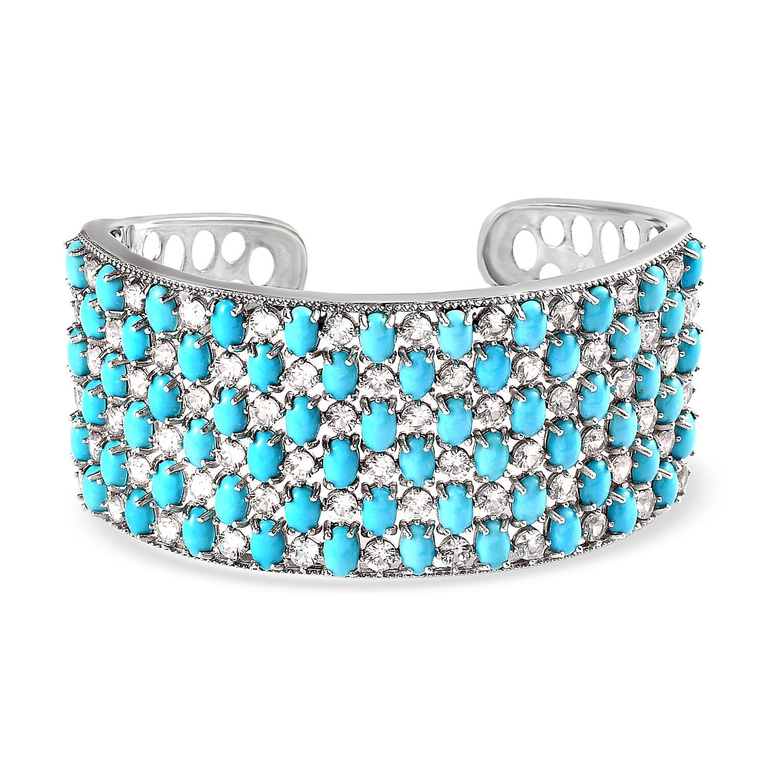 AAAA Arizona Sleeping Beauty Turquoise and Natural Zircon Bangle (Size 7.5) in Platinum Overlay Sterling Silver 43.78 Ct, Silver Wt. 37.00 Gms