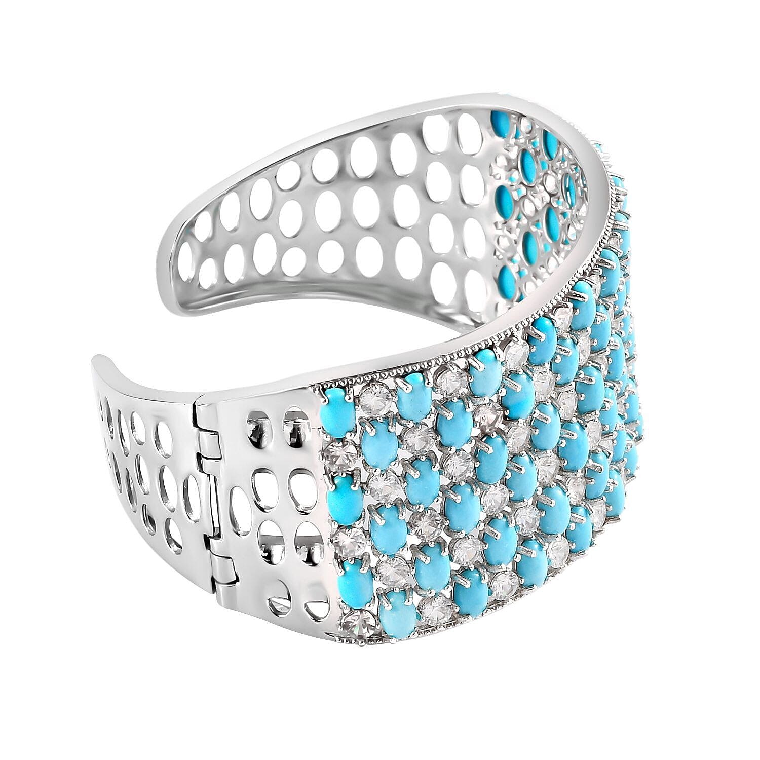 AAAA Arizona Sleeping Beauty Turquoise and Natural Zircon Bangle (Size 7.5) in Platinum Overlay Sterling Silver 43.78 Ct, Silver Wt. 37.00 Gms