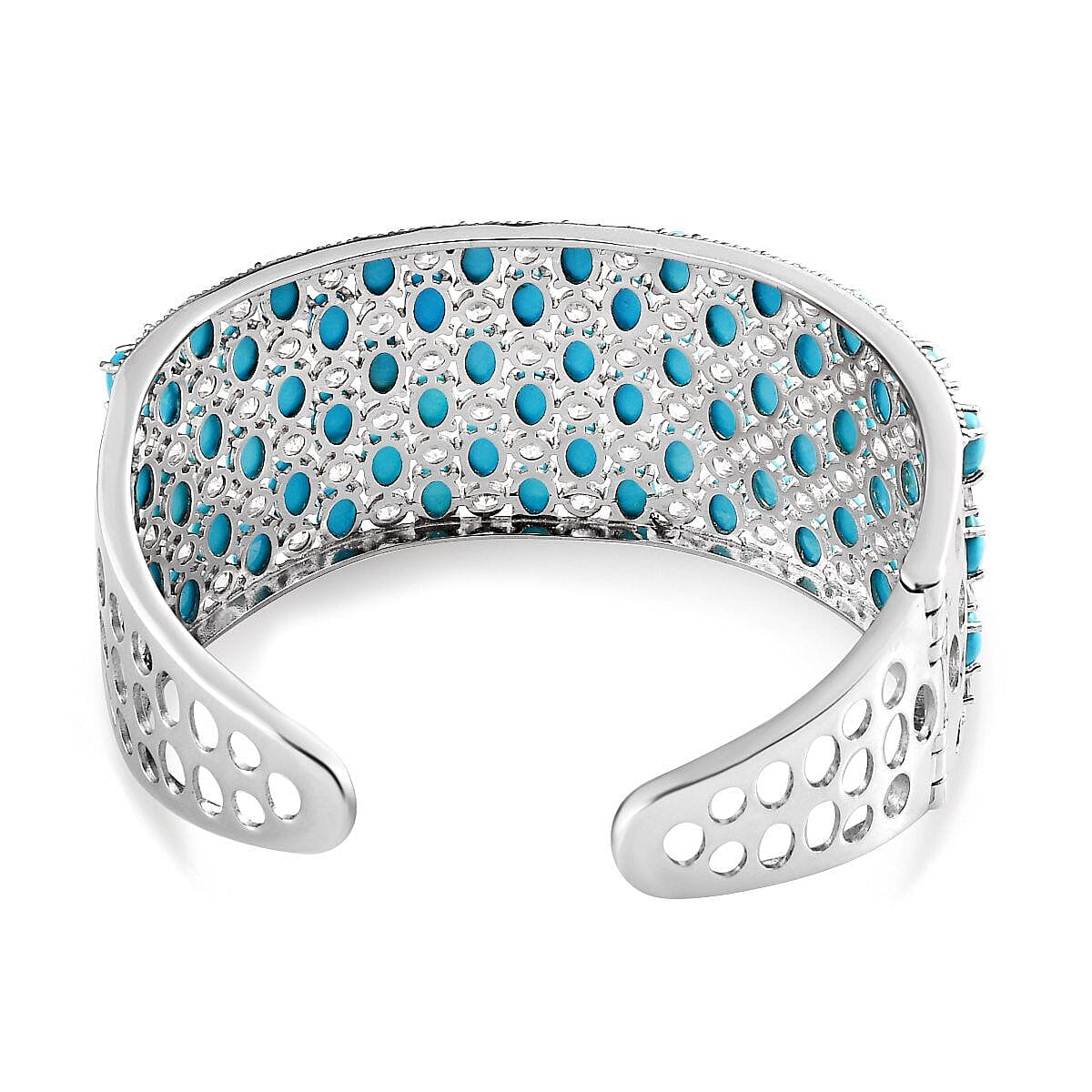 AAAA Arizona Sleeping Beauty Turquoise and Natural Zircon Bangle (Size 7.5) in Platinum Overlay Sterling Silver 43.78 Ct, Silver Wt. 37.00 Gms