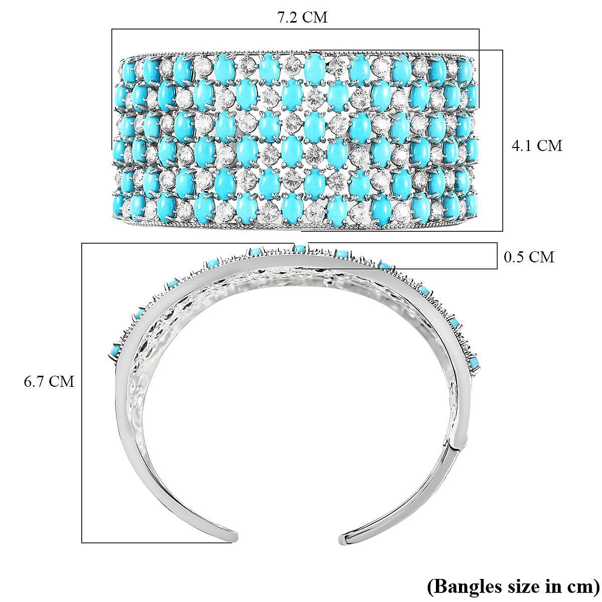 AAAA Arizona Sleeping Beauty Turquoise and Natural Zircon Bangle (Size 7.5) in Platinum Overlay Sterling Silver 43.78 Ct, Silver Wt. 37.00 Gms