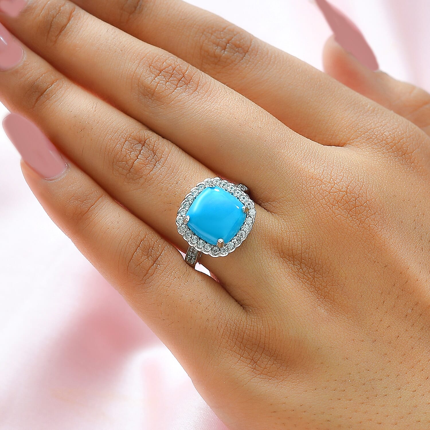 Arizona Sleeping Beauty Turquoise and Natural Zircon Ring in Platinum Overlay Sterling Silver 5.7 Ct.