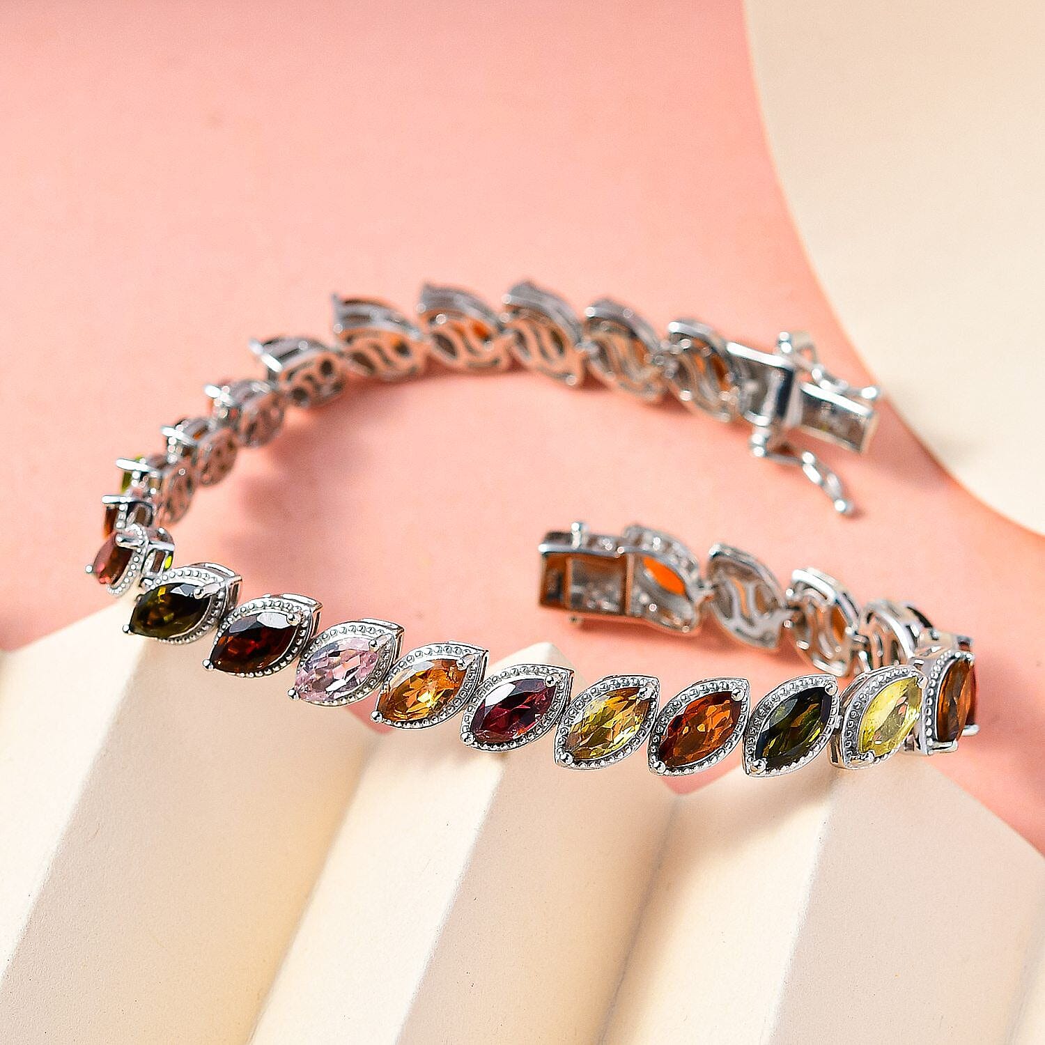 Rainbow Tourmaline Bracelet (Size - 7.5) in Platinum Overlay Sterling Silver 13.36 Ct, Silver Wt. 16.50 Gms.