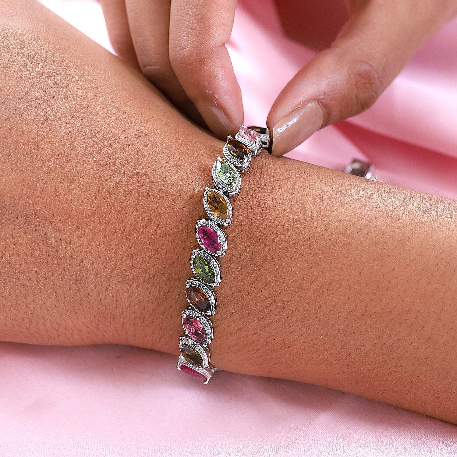 Rainbow Tourmaline Bracelet (Size - 7.5) in Platinum Overlay Sterling Silver 13.36 Ct, Silver Wt. 16.50 Gms.