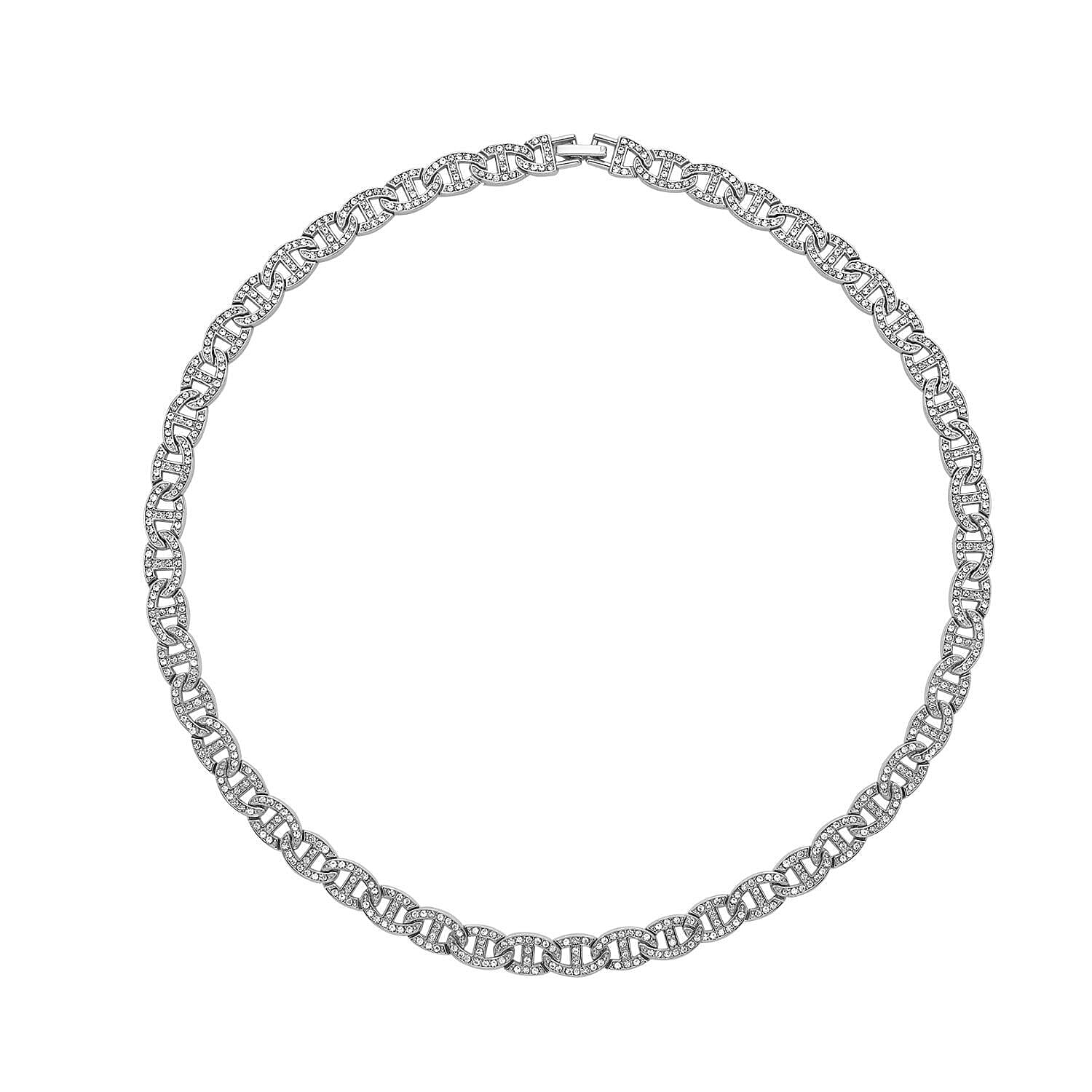 White Austrian Crystal Anchor Chain Necklace (Size - 20) in Silver Tone