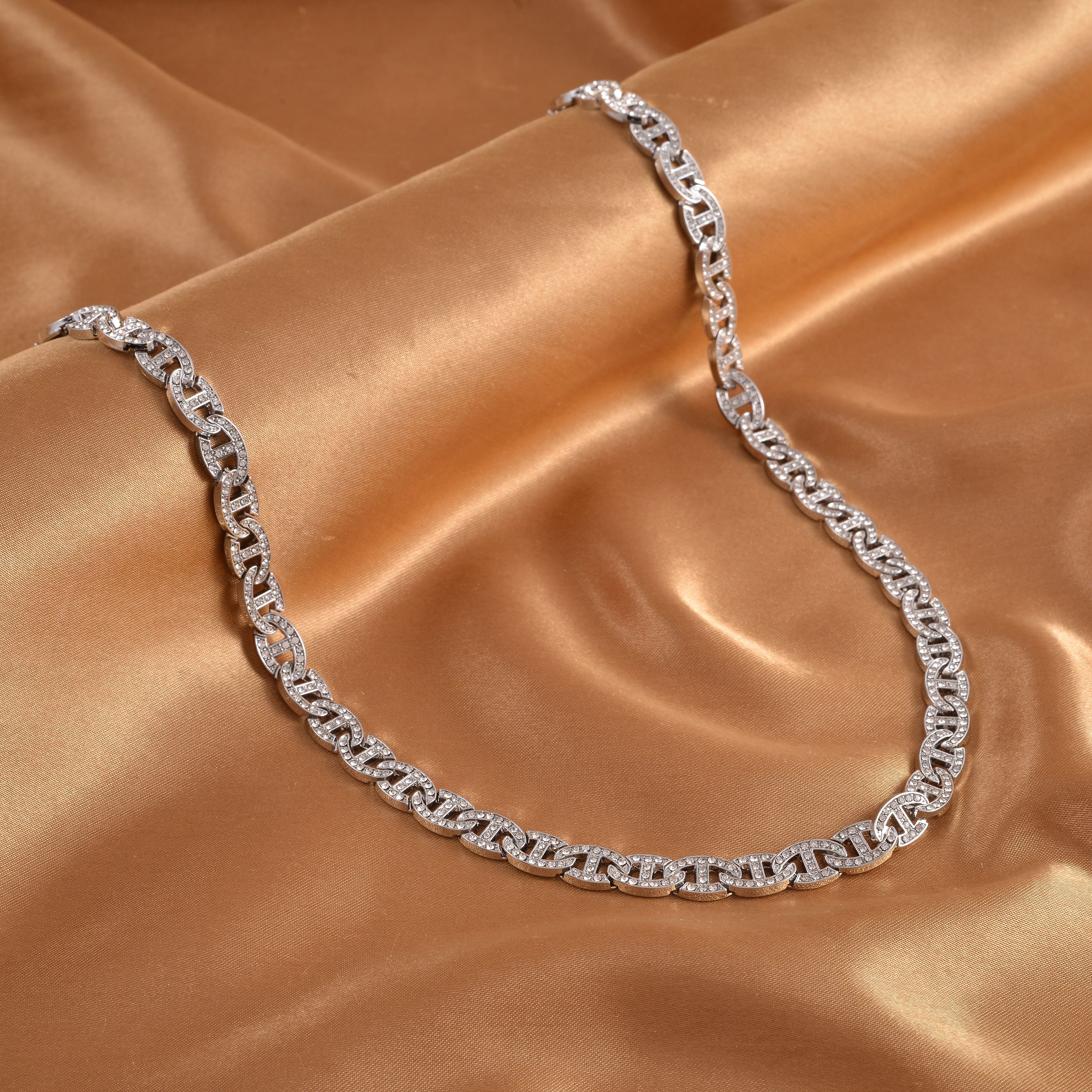 White Austrian Crystal Anchor Chain Necklace (Size - 20) in Silver Tone