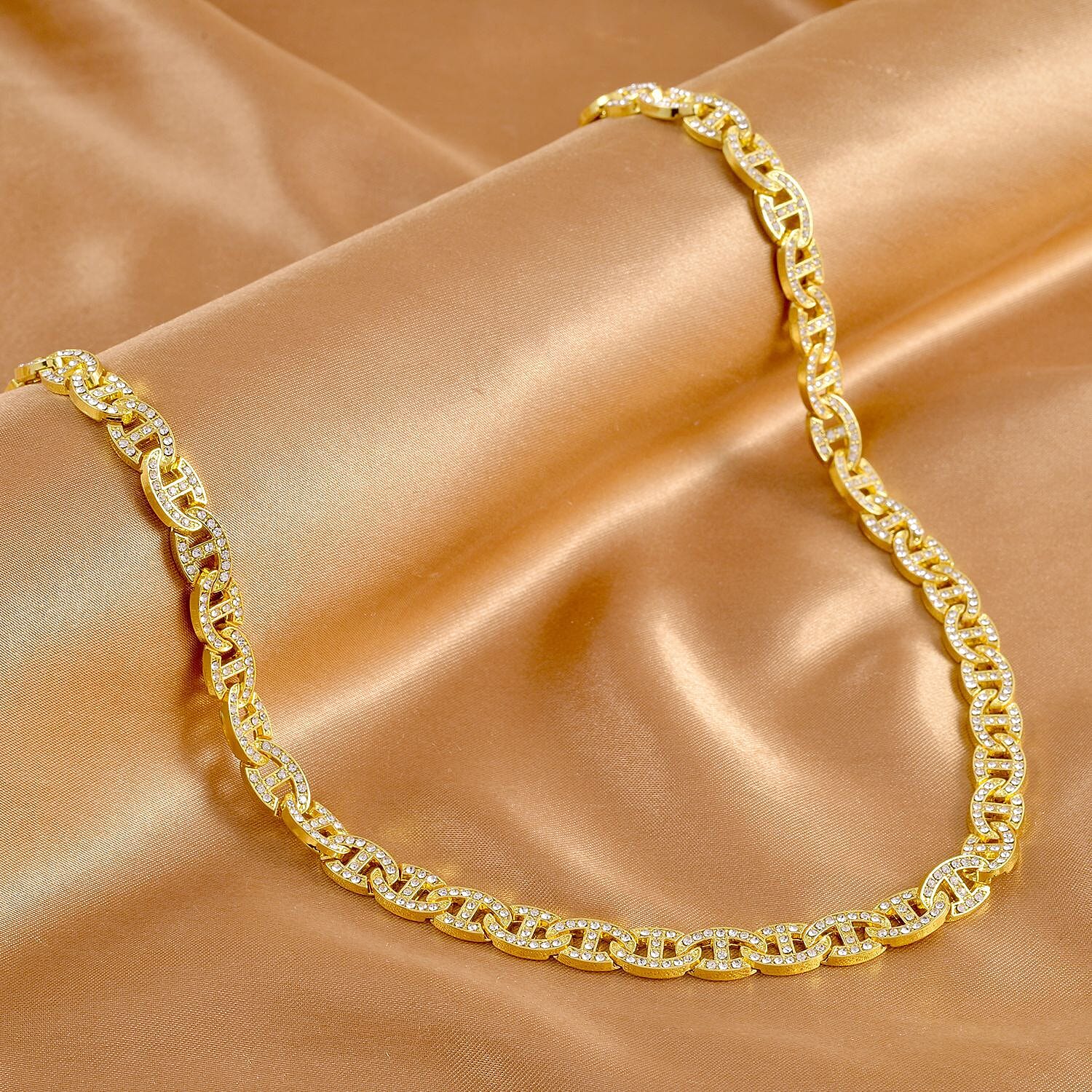 White Austrian Crystal Anchor Chain Necklace (Size - 20) in Gold Tone