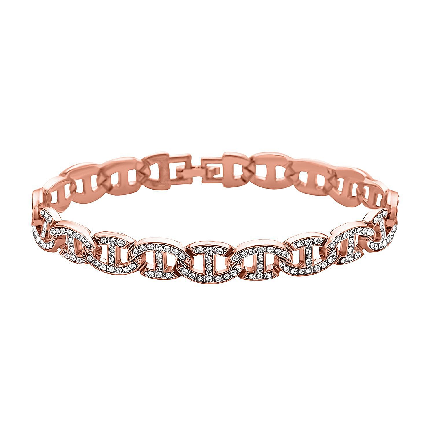 Doorbuster - Designer inspired White Austrian Crystal Studded  Bracelet (Size 7.5) in Rose Gold Tone