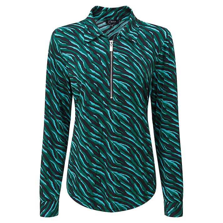 EMRECO Animal Print Zip Front Blouse - Turquoise