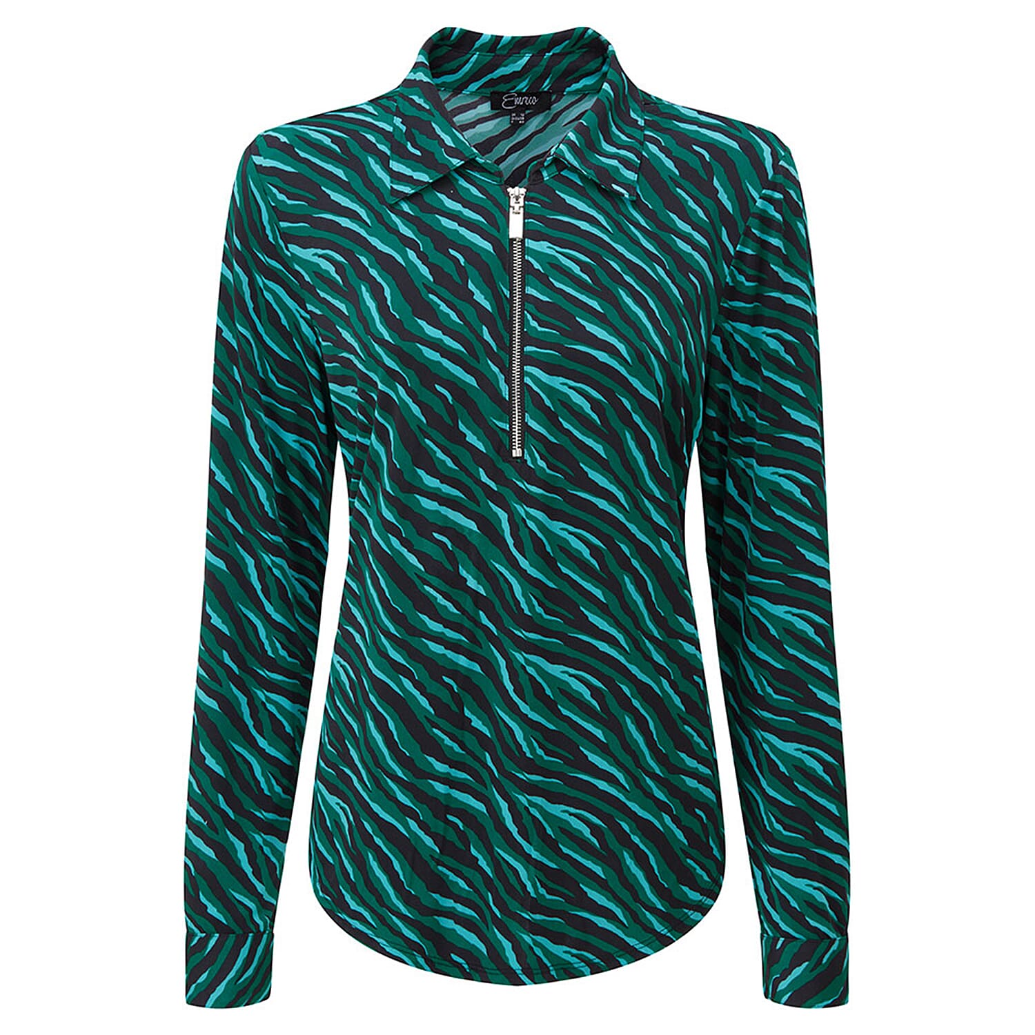 EMRECO Zip Front Classic Collar Blouse with Long Sleeves (Size 10) - Turquoise