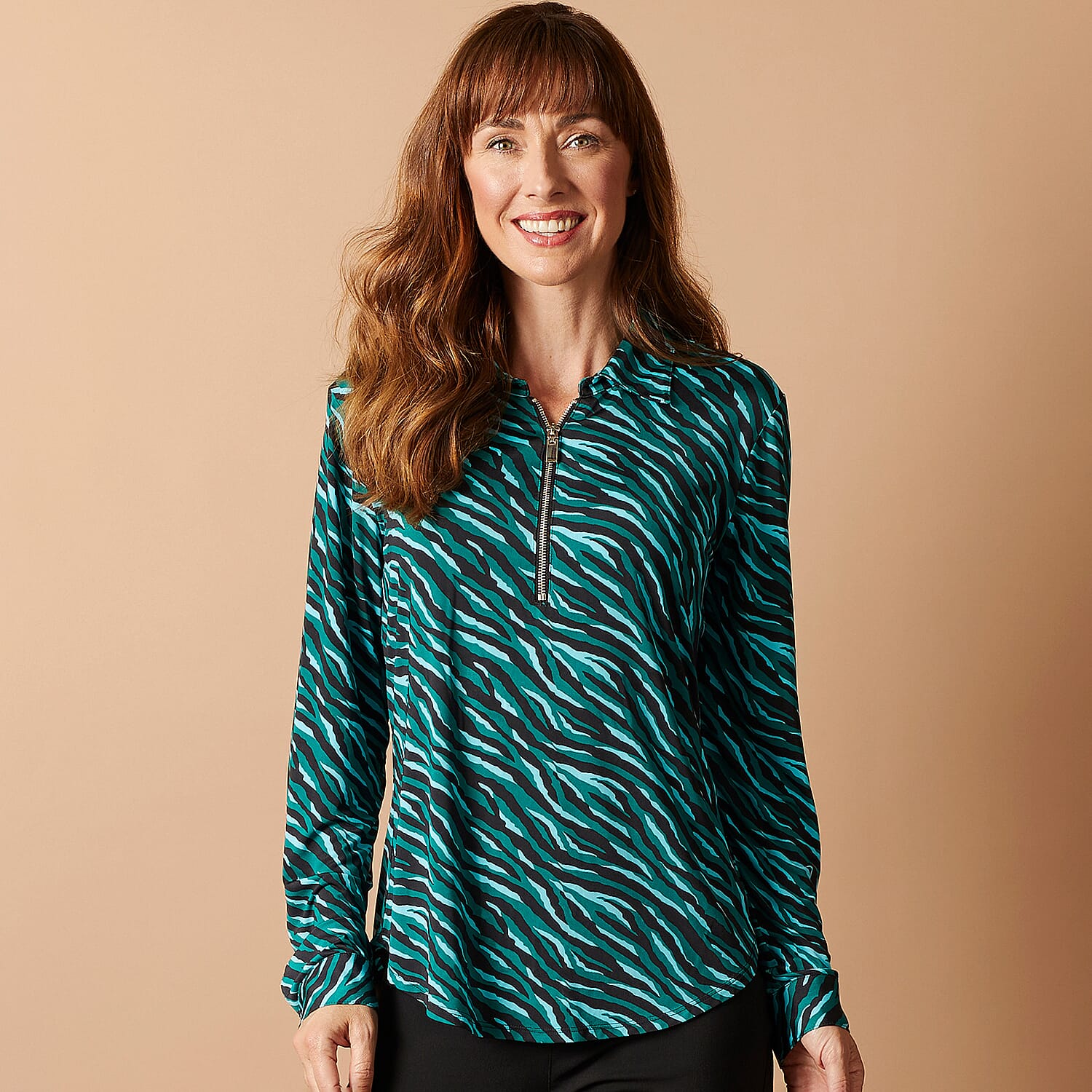 EMRECO Zip Front Classic Collar Blouse with Long Sleeves (Size 10) - Turquoise