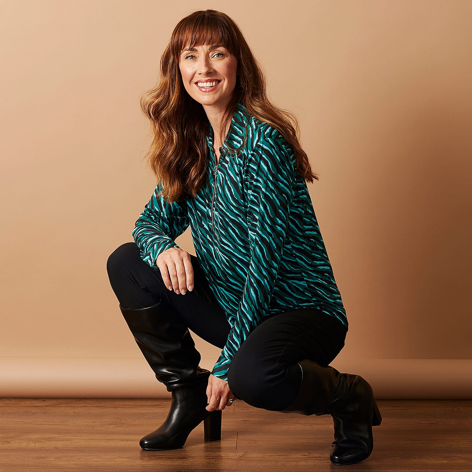 EMRECO Zip Front Classic Collar Blouse with Long Sleeves (Size 10) - Turquoise