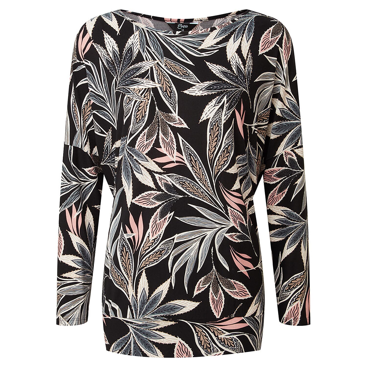 EMRECO Oversized Leaf Print Top with Long Sleeves (Size 10) - Black & Multi