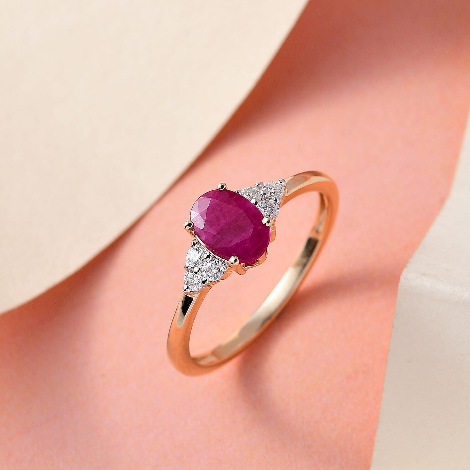 9K Yellow Gold Ruby and Moissanite Ring 1.03 Ct.