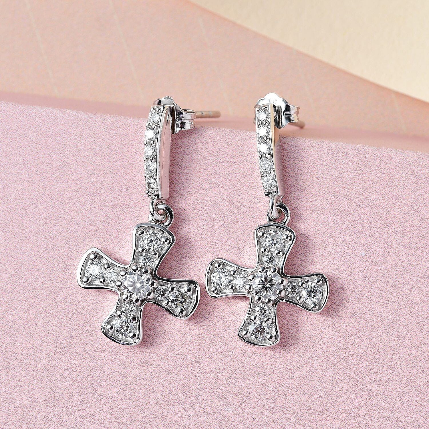 9K White Gold Moissanite Cross Dangle Earrings