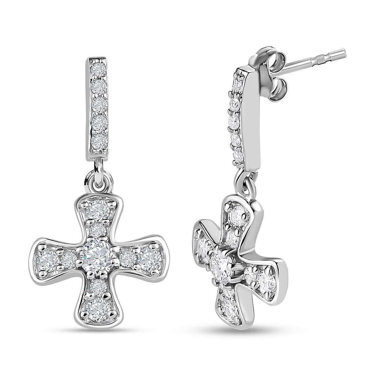 9K White Gold Moissanite Cross Dangle Earrings