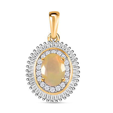 9K Yellow Gold AA Ethiopian Opal, White Diamond Main Stone With Side Stone Pendant 0.83 Ct.