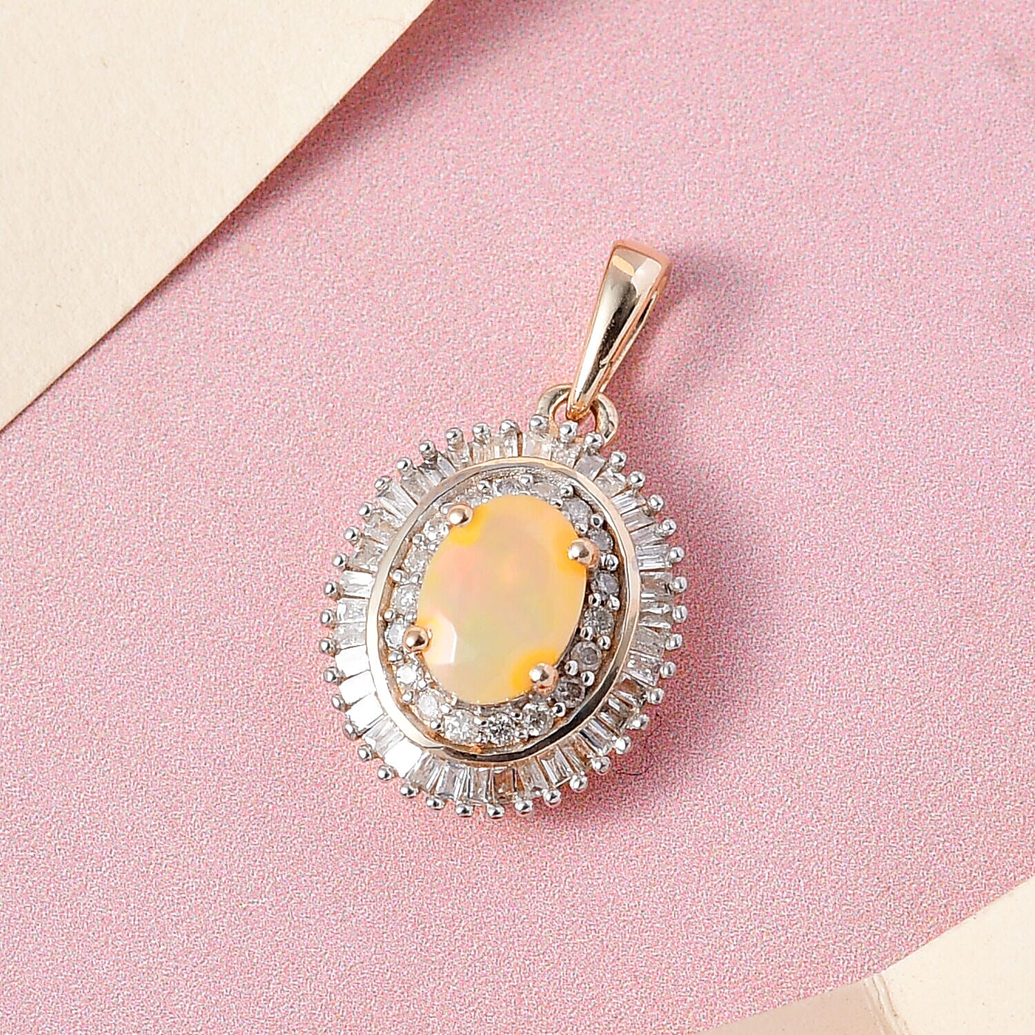 9K Yellow Gold AAA Ethiopian Welo Opal and Diamond Pendant 0.83 Ct