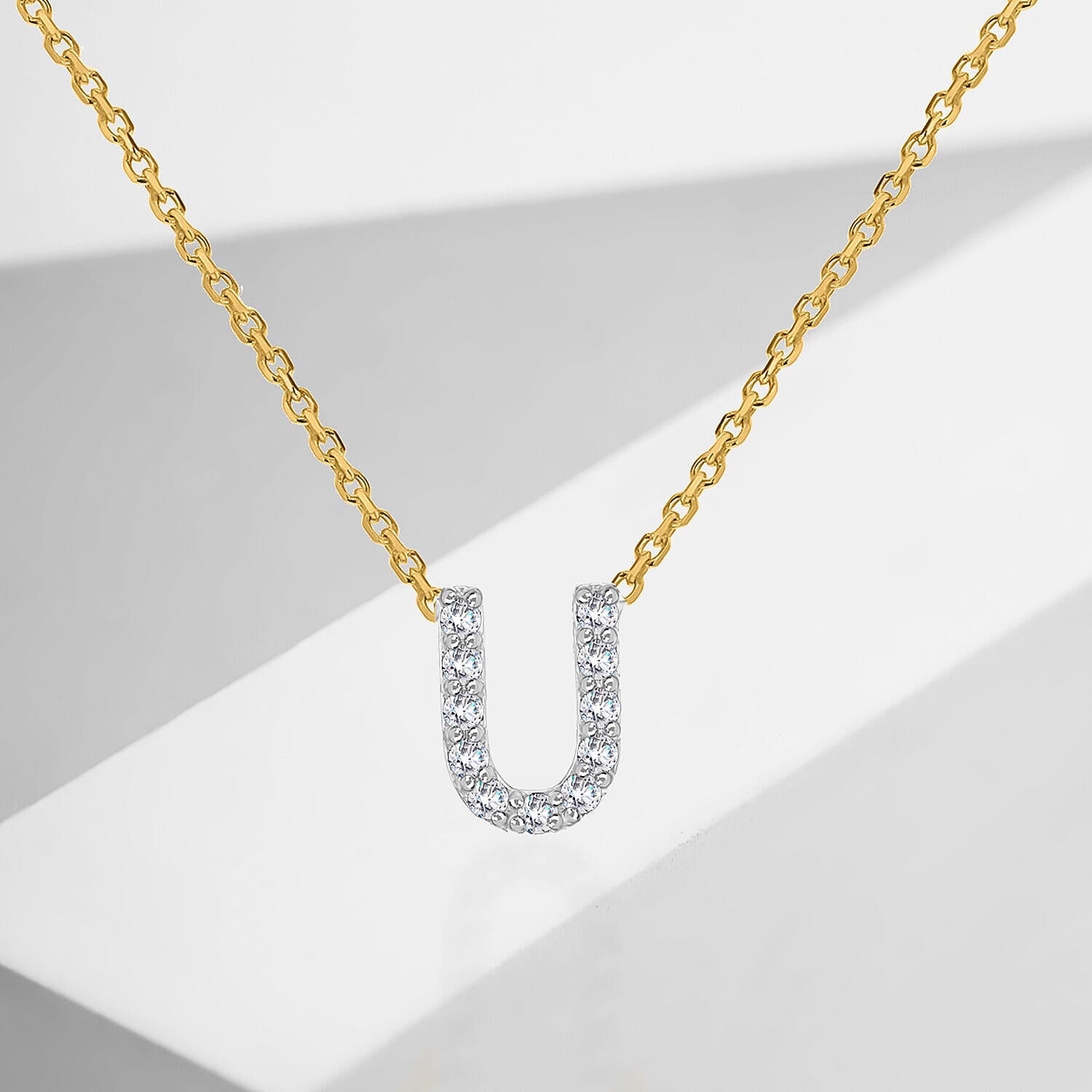 9K Yellow and White Gold With VS SI Diamond Mini Initial U Necklace 17 Inch