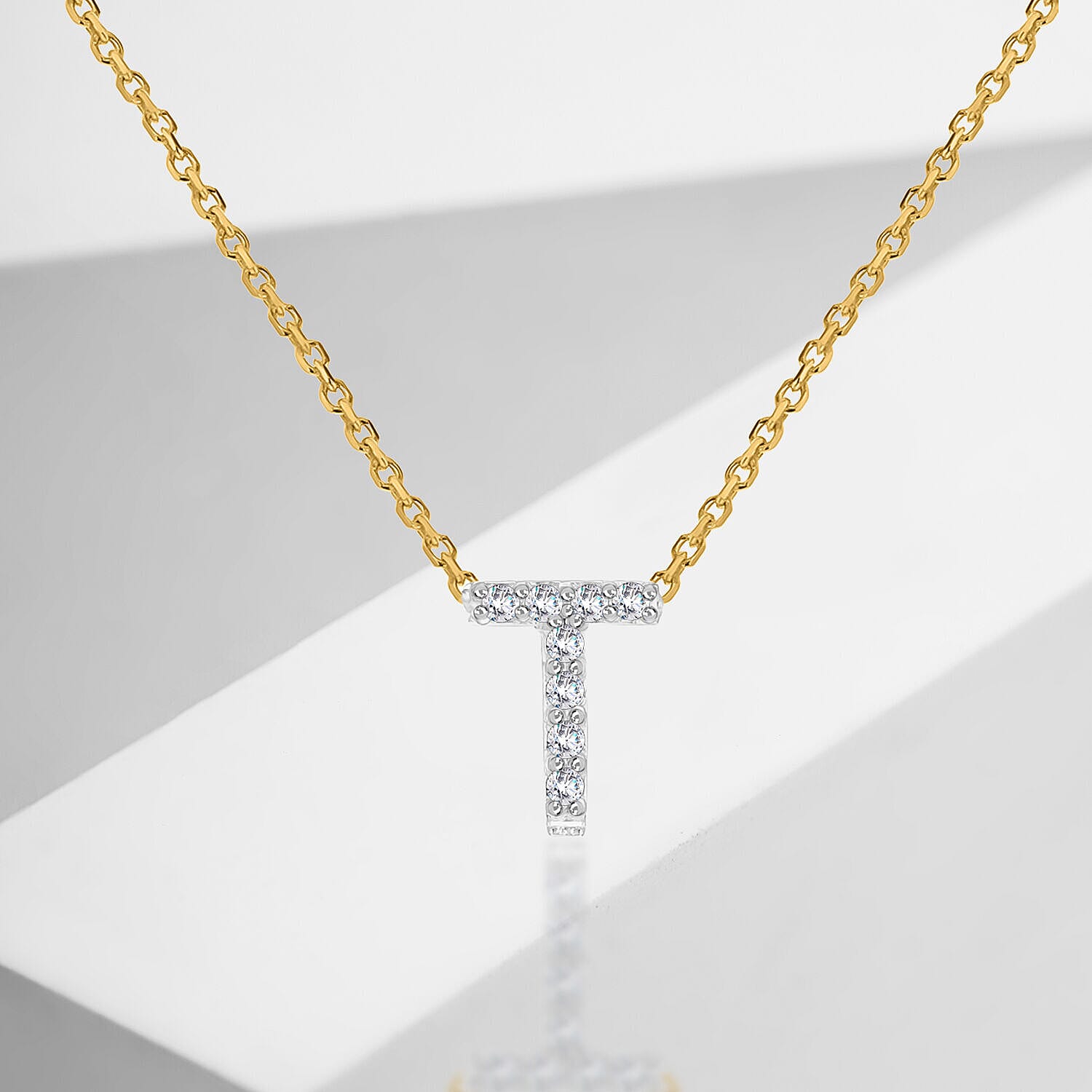9K Yellow and White Gold With VS SI Diamond Mini Initial T Necklace 17 Inch