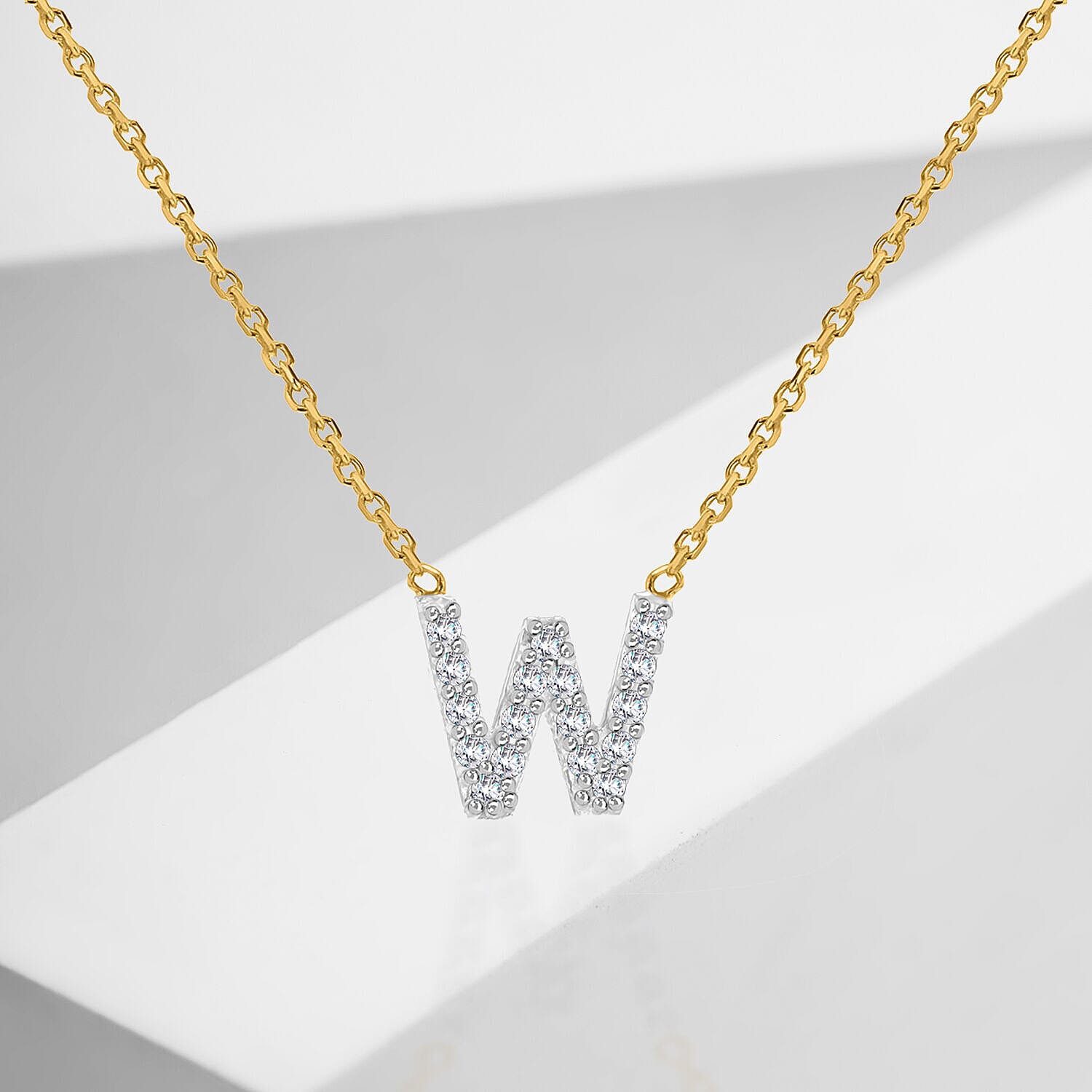 9K Yellow and White Gold With VS SI Diamond Mini Initial W Necklace 17 Inch
